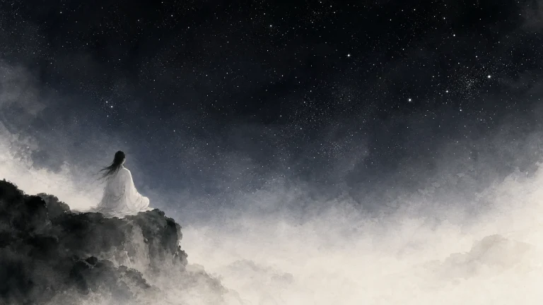 白衣人物背对画面坐在云海高崖，仰望深黑星空