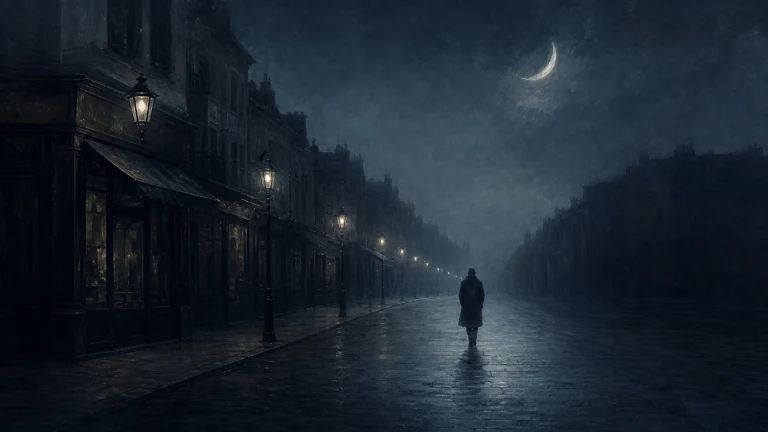 一人独自站在新月下的雨夜街道，路灯映在积水中