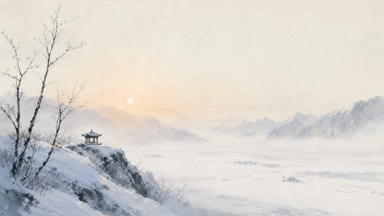 雪覆盖水墨山谷与湖岸，远处亭子立在坡边晨光中