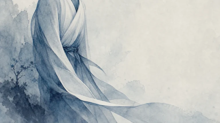 水墨人物身着飘逸白袍，长长衣摆随风向画面右侧展开