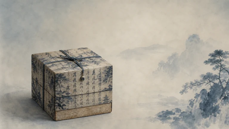 印满书法文字的方盒用深色细绳捆好，置于水墨山景前