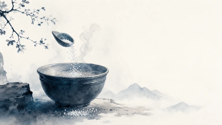 勺子向水墨山景前的大碗倒入白色米粒，碗边散落少量米
