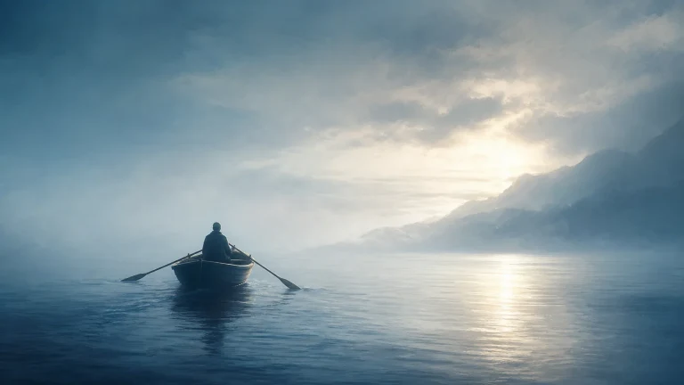 一人背对画面划着小船穿过雾蓝湖面，云隙阳光映在水上
