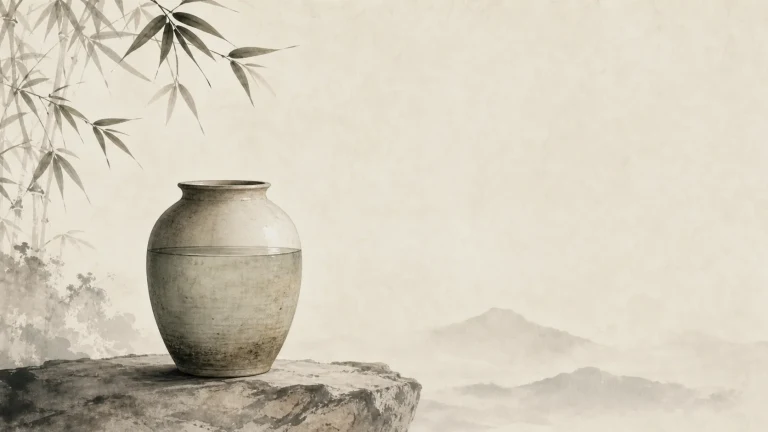 一只素色陶罐放在竹叶下的水墨山崖石面