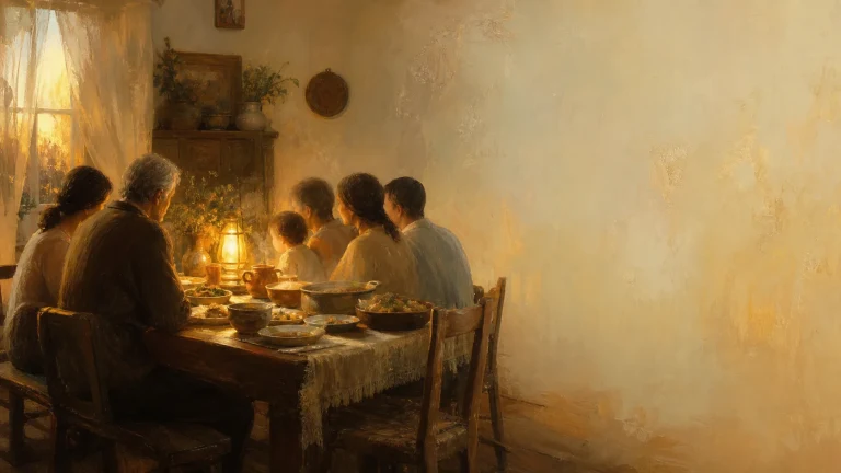 多位家人围坐在暖光餐桌旁共同用餐