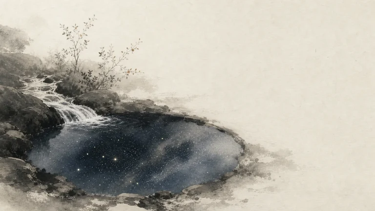 山溪汇入深色圆潭，潭水映着点点星光