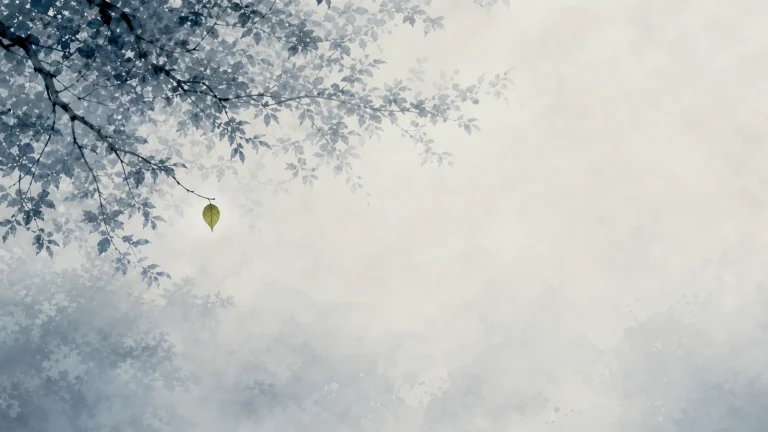 蓝灰树冠伸入薄雾天空，一片绿色叶子正独自落下