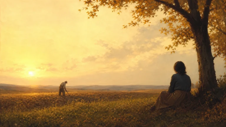 夕阳下有人坐在大树旁，远处一人在田野中劳作