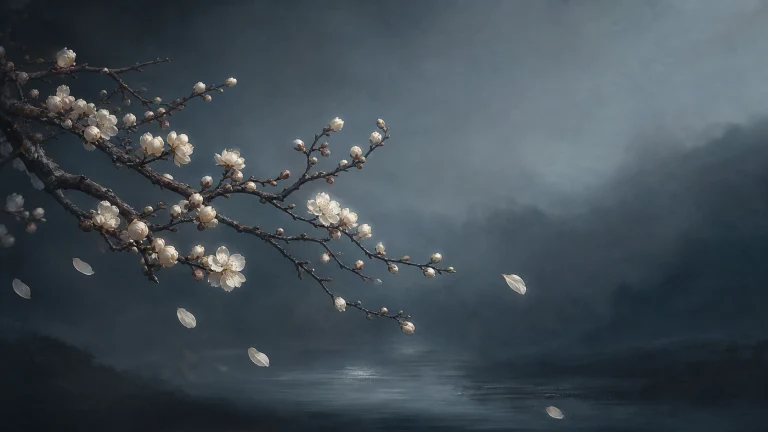 白色花枝伸向深蓝水面，花瓣随风飘落
