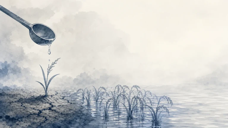 勺中水滴落向干裂土地上的幼苗，旁边浅水中长着成排植物