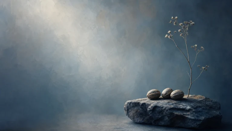 三颗种子与一株细小植物放在深色岩石上