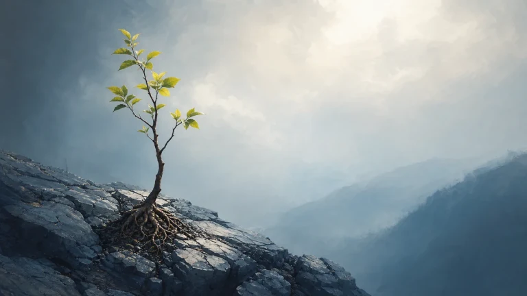 一株根系外露的小树生长在陡峭岩坡，嫩叶迎向天光