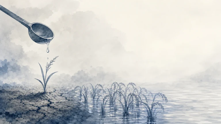 勺中水滴落向干裂土地上的幼苗，浅水中长着成排植物
