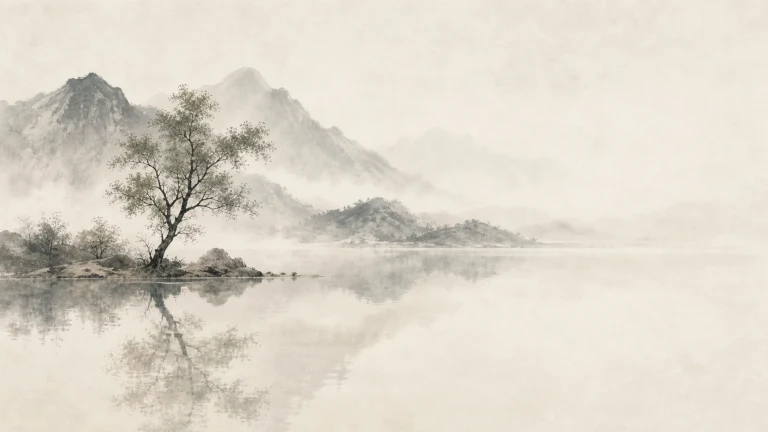 一棵树立在平静湖岸，远处水墨群山笼罩薄雾