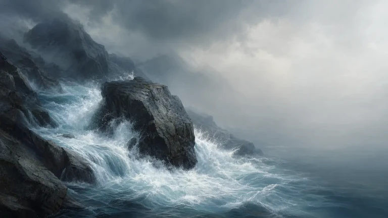 汹涌海浪拍打阴云下的嶙峋礁石