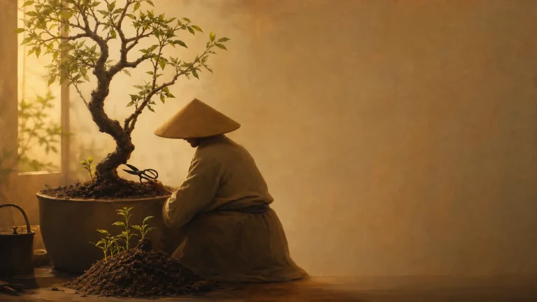 戴斗笠的人跪在盆栽旁修剪一棵小树
