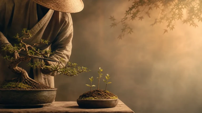 戴斗笠的人俯身修整盆景，旁边浅盆中长着两株幼苗