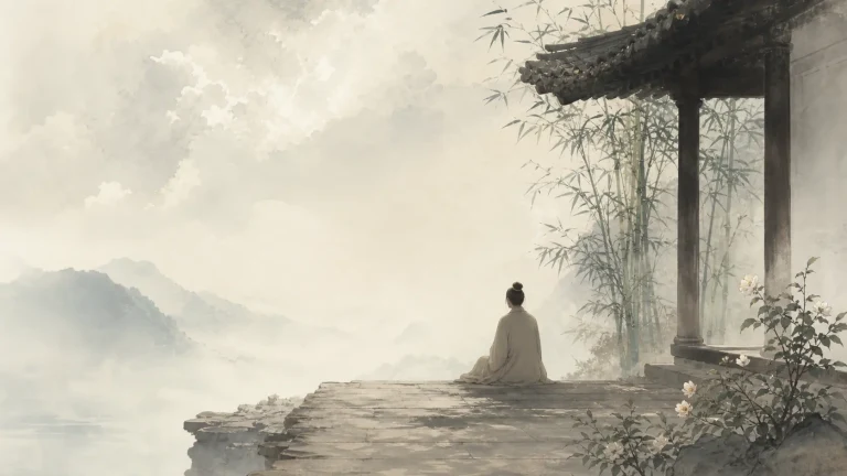一人坐在临水亭廊边，望向雾中的湖泊与远山