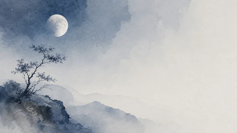 弯月悬在水墨群山上空，山崖边生长一棵小树