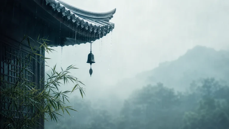 雨中的中式屋檐下悬着一只风铃，旁边竹叶低垂