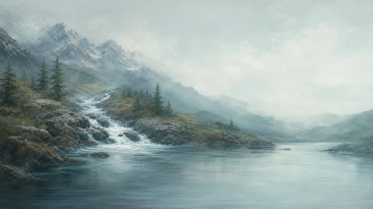 山溪从雪峰与松林间流入平静湖泊