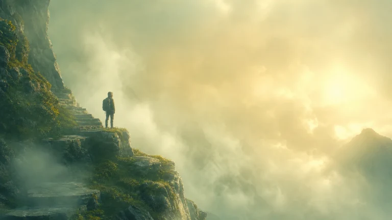 一人站在云雾山崖的石阶尽头，前方天光明亮