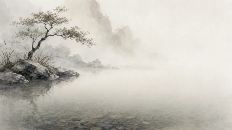 一棵斜树生长在雾中湖岸，平静水面映出树影