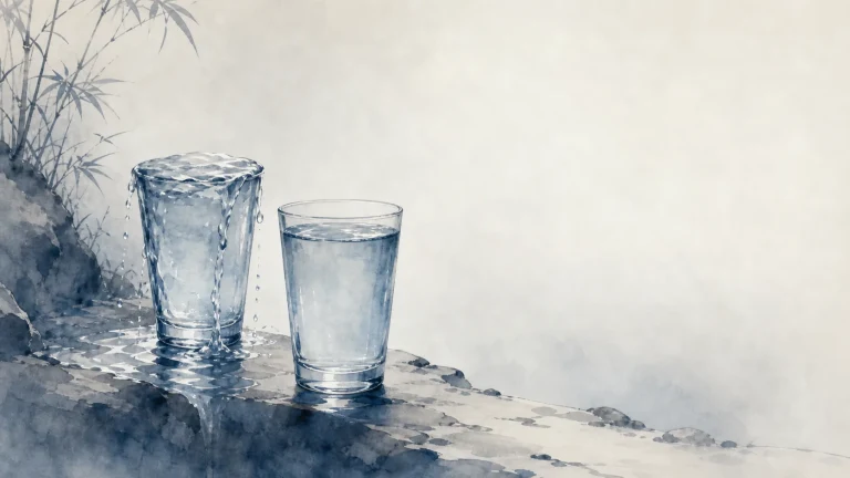 两只盛水玻璃杯放在湿润的水墨石台上