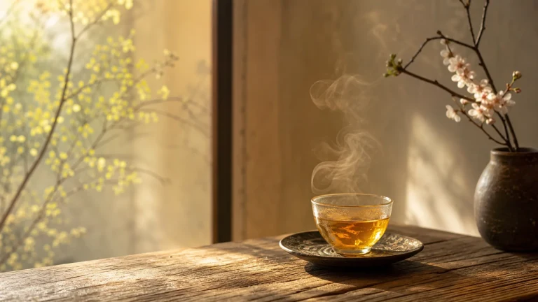 一杯热茶放在阳光木桌，旁边陶瓶插着花枝