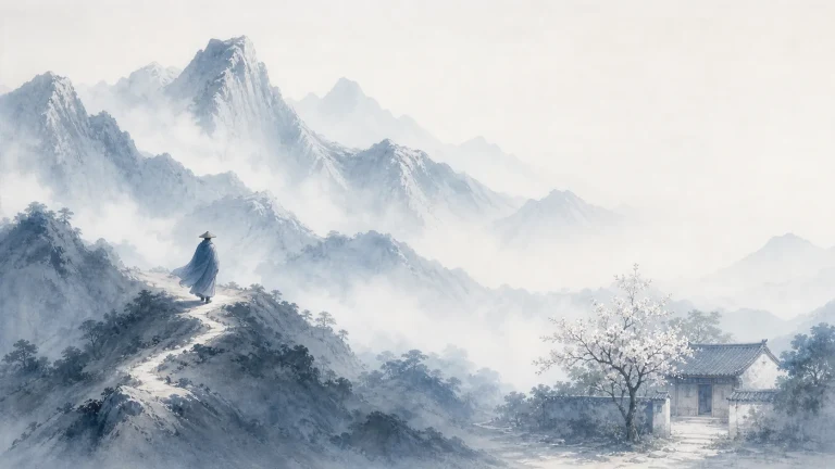 戴斗笠的行者沿水墨山脊小路走向远处群峰