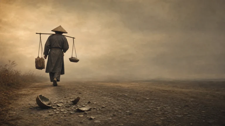 戴斗笠的人挑着两只篮子走过荒路，身后散落破碗碎片