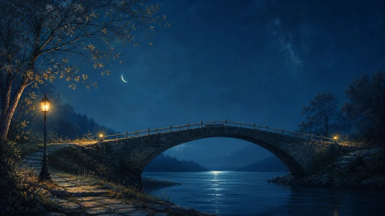 路灯照亮跨过夜色河面的石拱桥，弯月悬在树梢