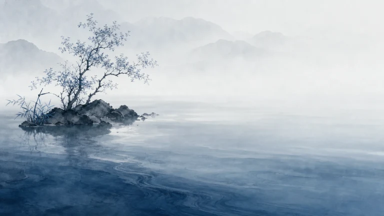 一棵小树生长在雾蓝湖中的岩石小岛