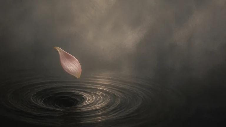 一片粉色花瓣悬在暗色水面漩涡上方