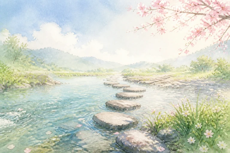 圆形踏石跨过清澈溪流，两岸开着粉白花朵