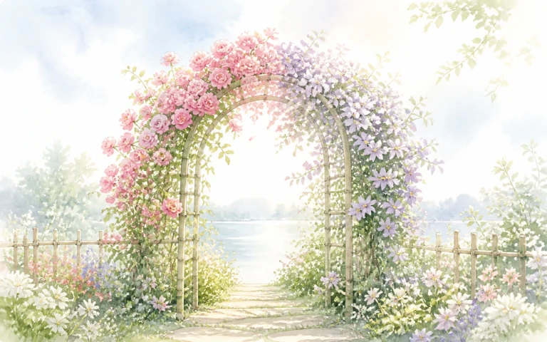 粉色与淡紫花朵覆盖花园拱门，门外可见明亮湖面