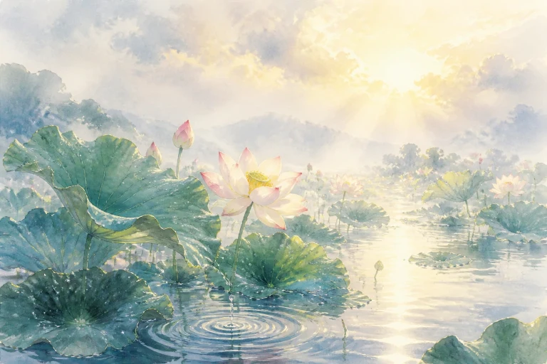 阳光穿过云层照亮开满粉色荷花的池塘，水面泛起涟漪
