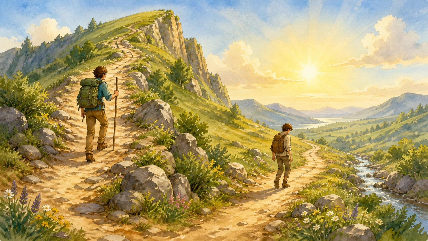 两名背包徒步者沿山间岔路分别前行，右侧溪流穿过花草山谷