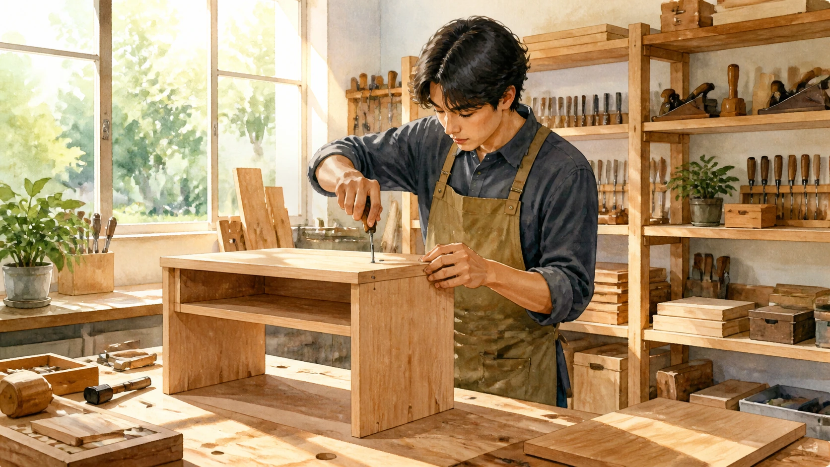 围裙男子在摆满木工工具的工作室给木柜拧螺丝