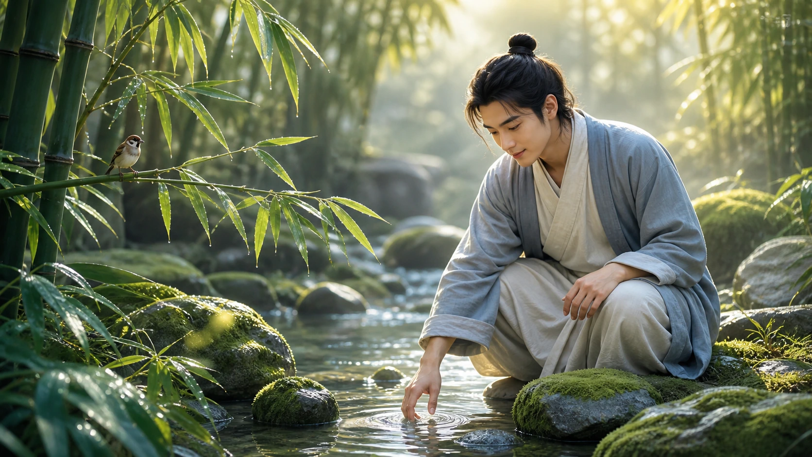 身着浅色长袍的人蹲在竹林溪边，手指触碰水面，麻雀落在竹枝上