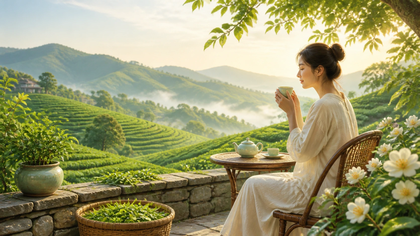 白衣女子坐在茶园露台捧杯品茶，身后是晨雾中的群山