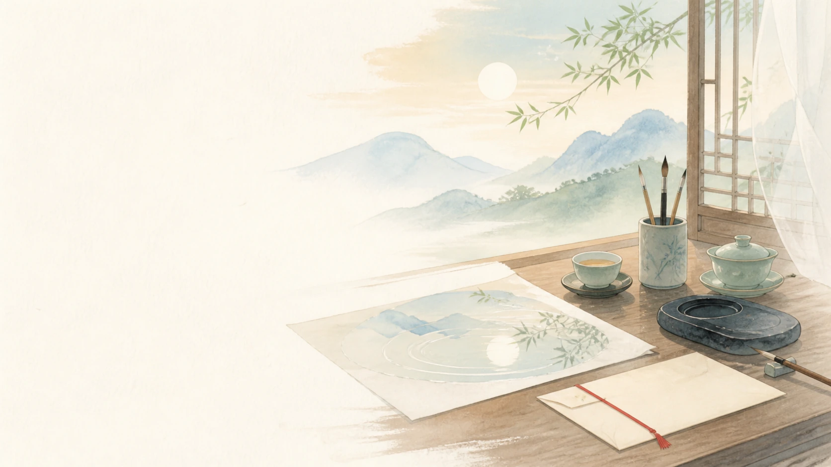水彩画中的案头摆着山水画纸、茶具、毛笔和砚台，窗外可见群山