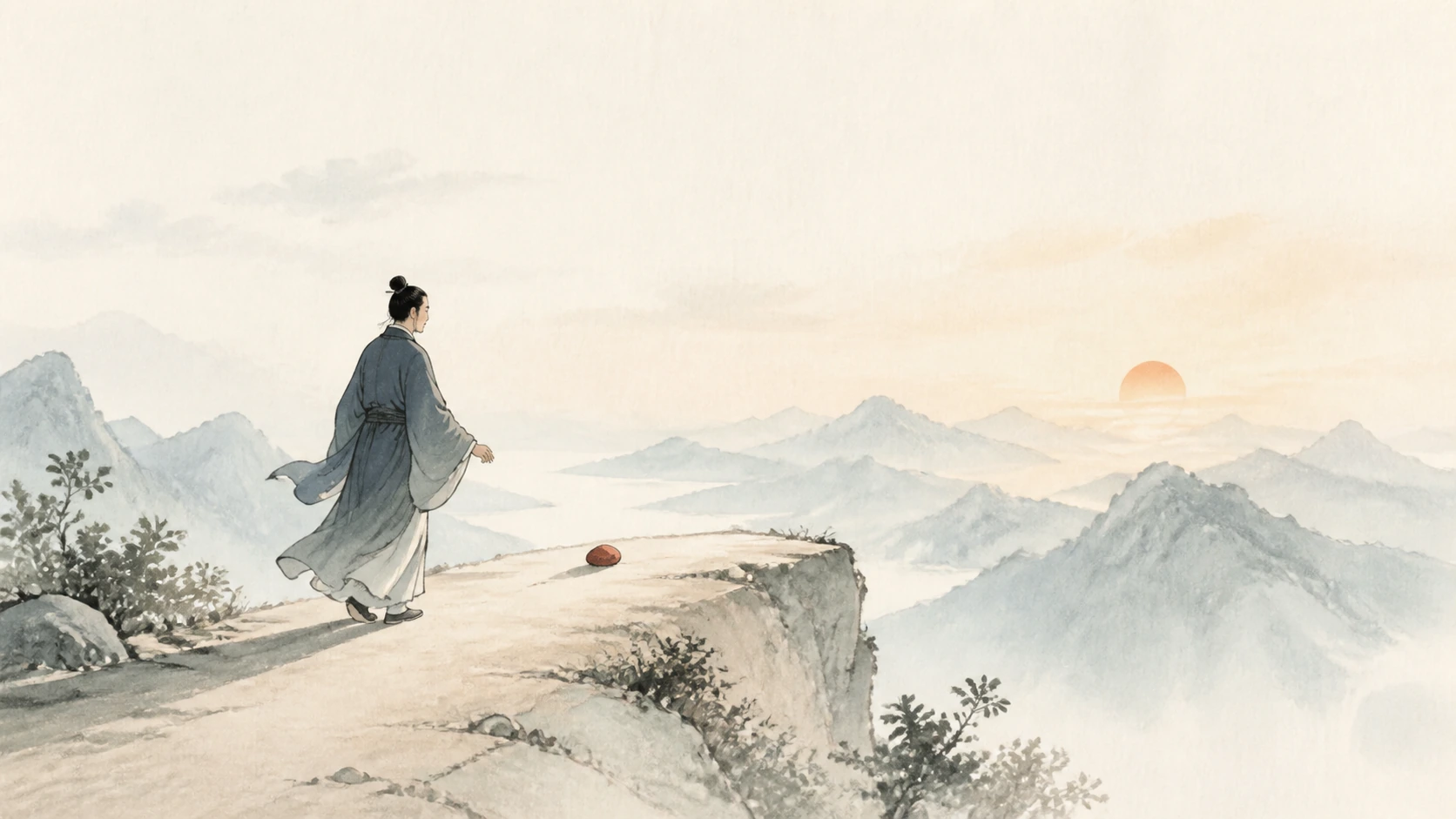 古装男子走到山崖边的红色圆石前，远处夕阳映照群山