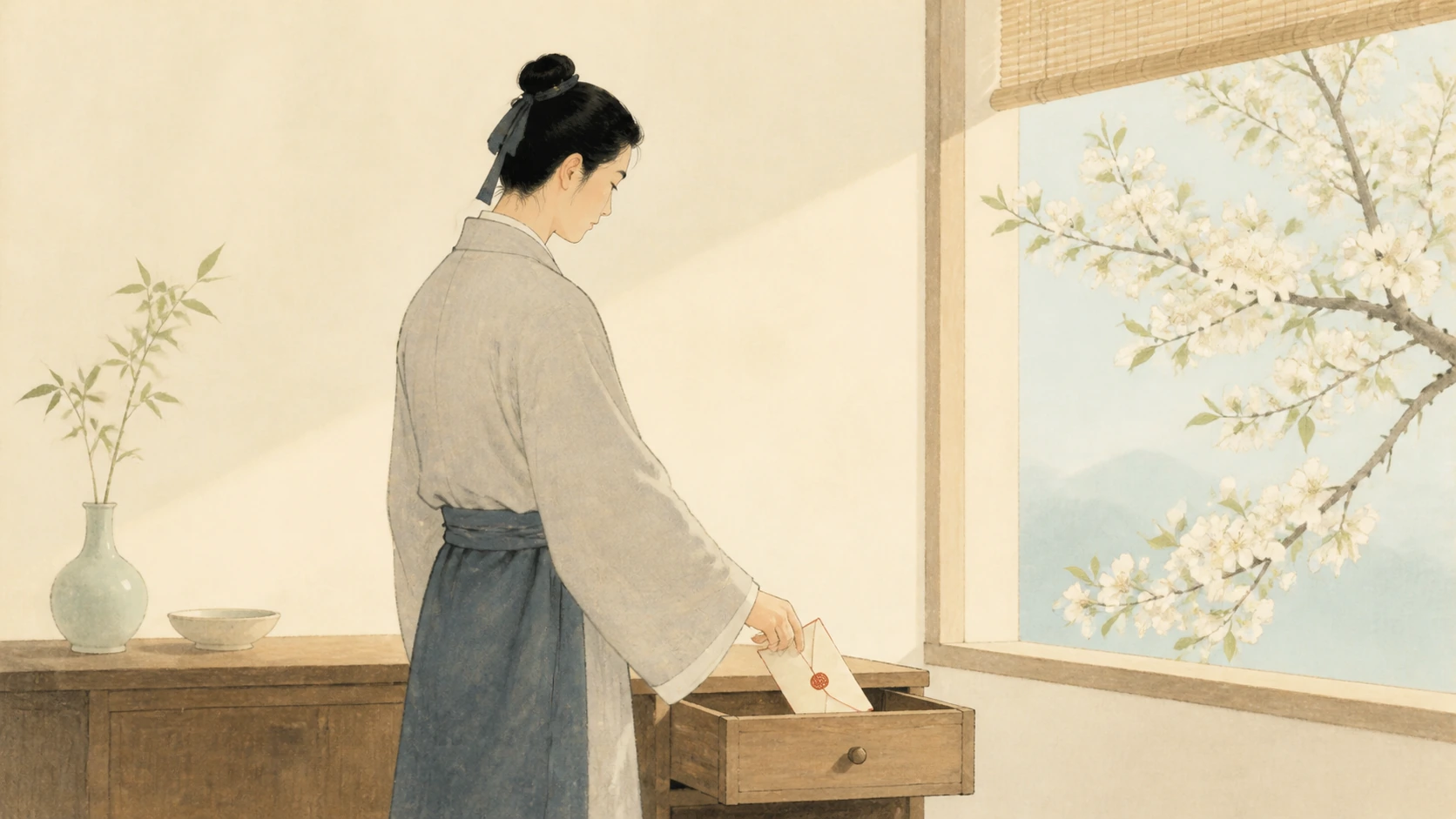 古装女子在开花树旁把一封红色火漆信放进木抽屉