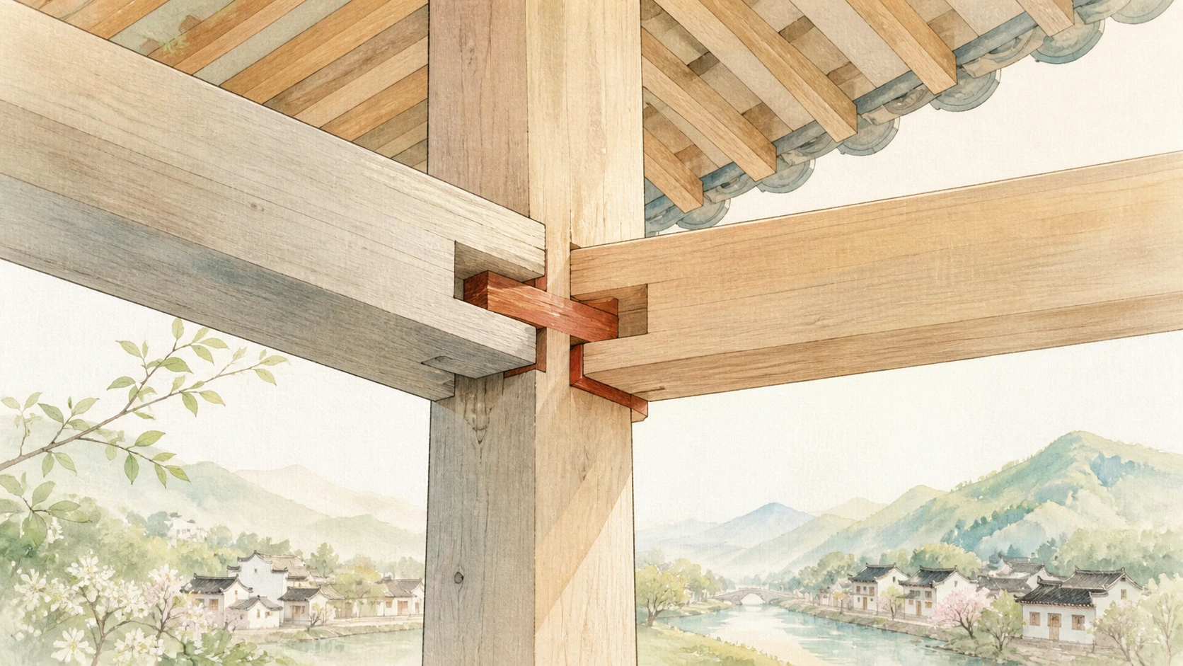 水彩画中的传统木构榫卯连接，远处是临水山村