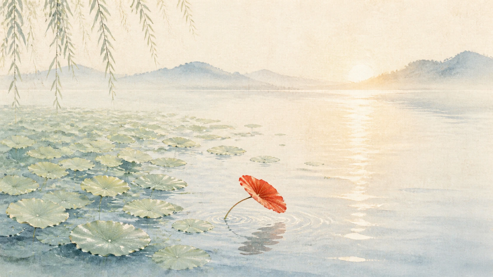 夕阳映照铺满荷叶的湖面，一片红叶立在水中泛起涟漪