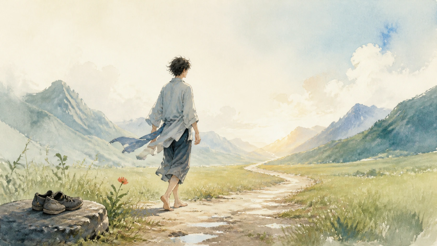 赤脚男子走向群山间的草地小路，鞋子留在路旁岩石上