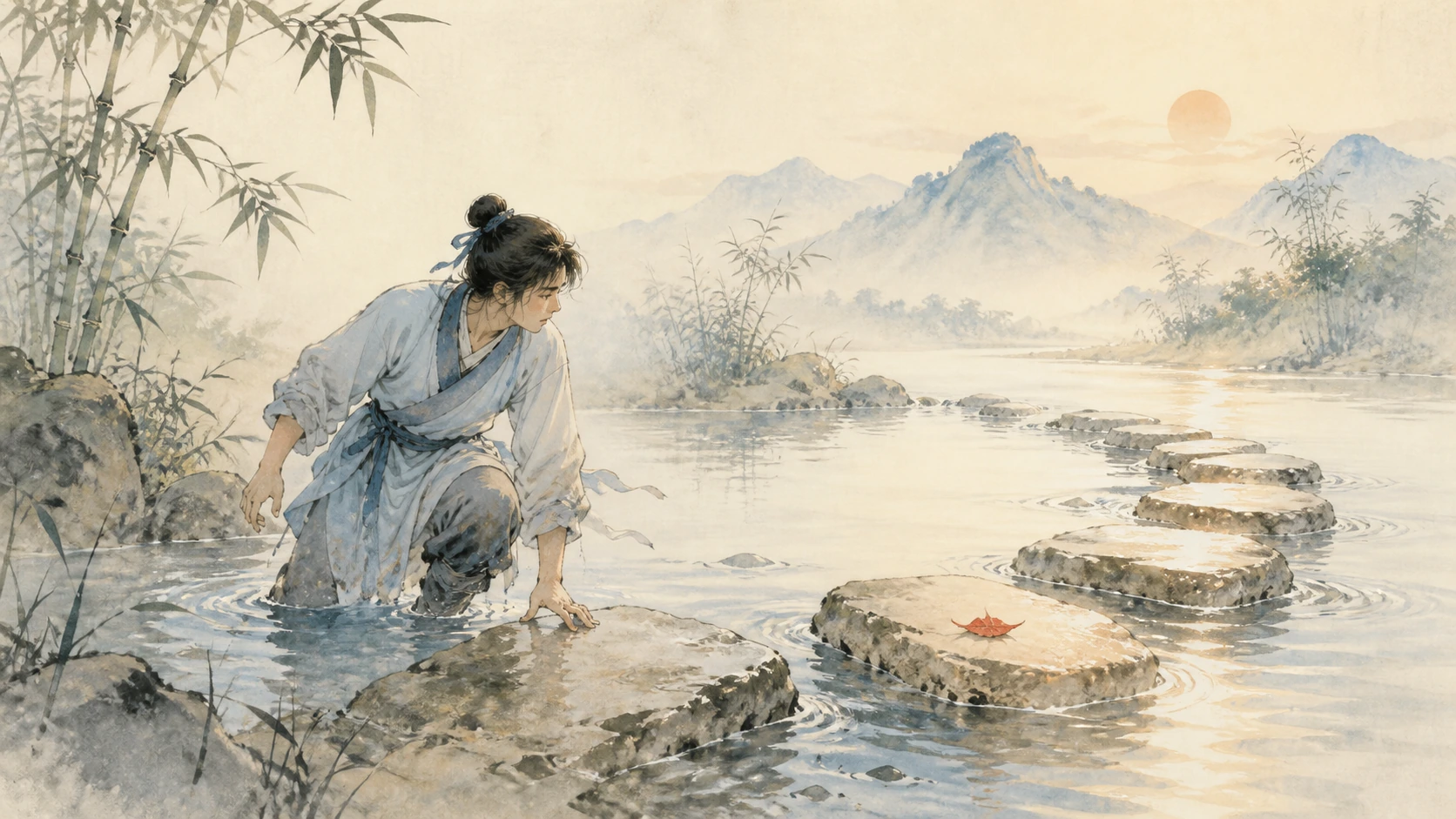 古装女子蹲在竹林溪水中，扶着石块望向通往远方的踏石