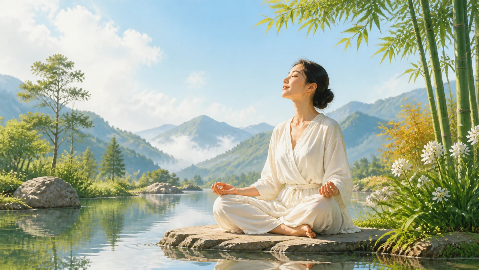 白衣女子盘坐在山间水池的岩石上冥想，身旁开着白花