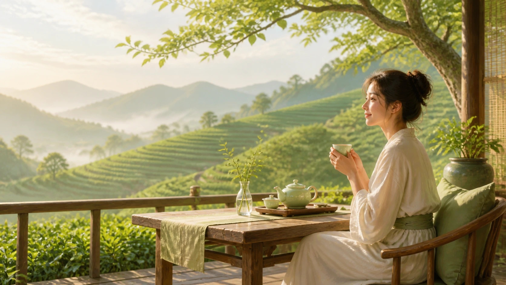 白衣女子坐在茶园露台手捧茶杯，远处山间云雾缭绕